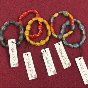 GORGEOUS GLAZED POTTERY BEAD STRETCH BRACELETS- Set Of 5– NWT.  By Tickled Pink